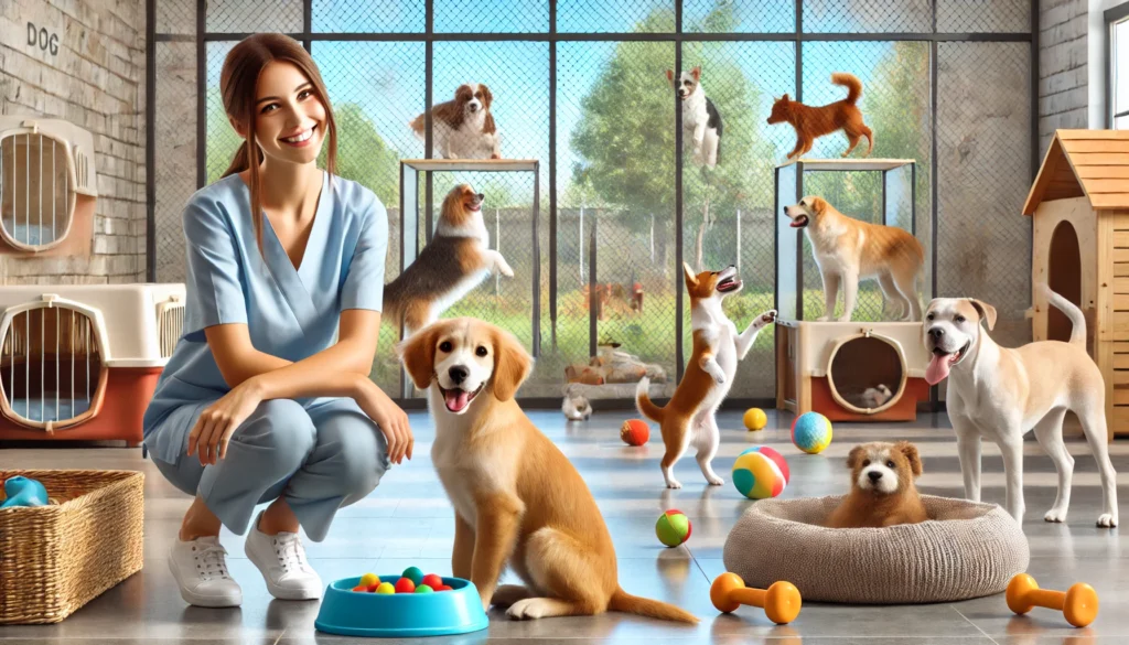 A friendly, inviting image representing a dog boarding facility. Several happy dogs of different breeds are seen playing in a clean, safe, and spacious environment with toys, cozy beds, and outdoor play areas visible through windows. A caring staff member is interacting with the dogs, offering comfort and attention.