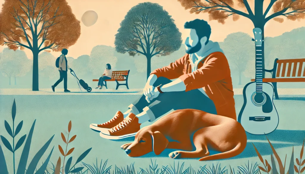 a dog and a person in a park, where the dog appears calm and relaxed, experiencing the initial adjustment phase.