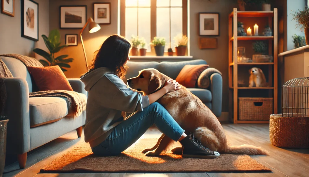 The image shows a dog and a person in a cozy living room, where the dog and owner are engaged in a calm, affectionate moment.