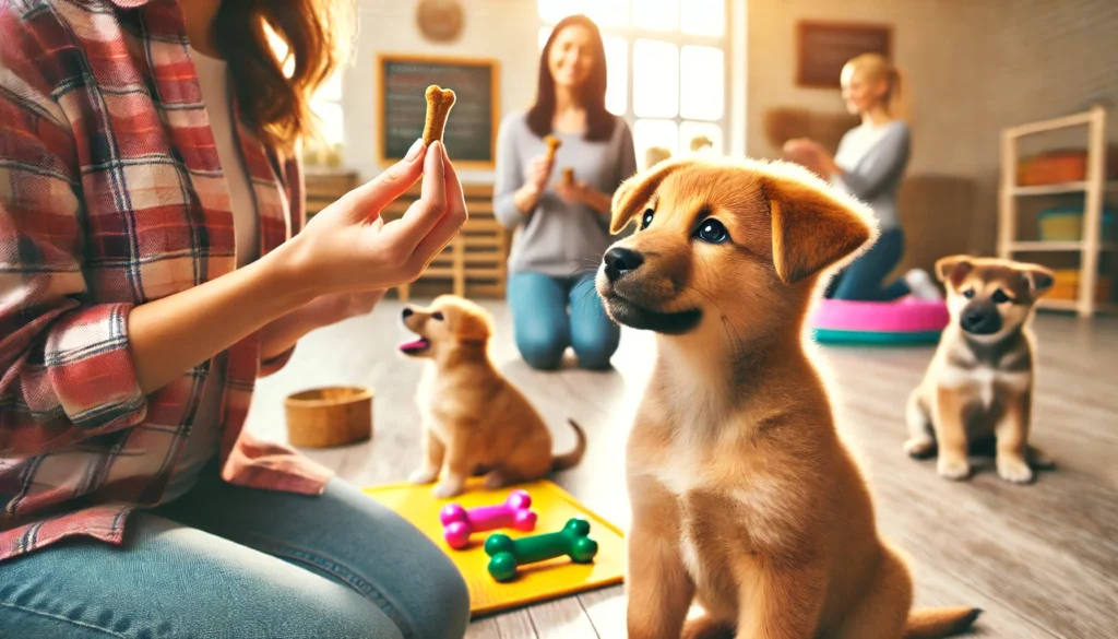 about 10 weeks old, attentively sitting in a dog training class with a trainer holding treats. Other small puppies of different breeds are seen in the background playing and learning.