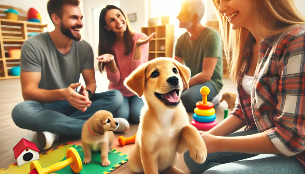 10 weeks old, happily socializing with another puppy and interacting with friendly humans in a dog training class.