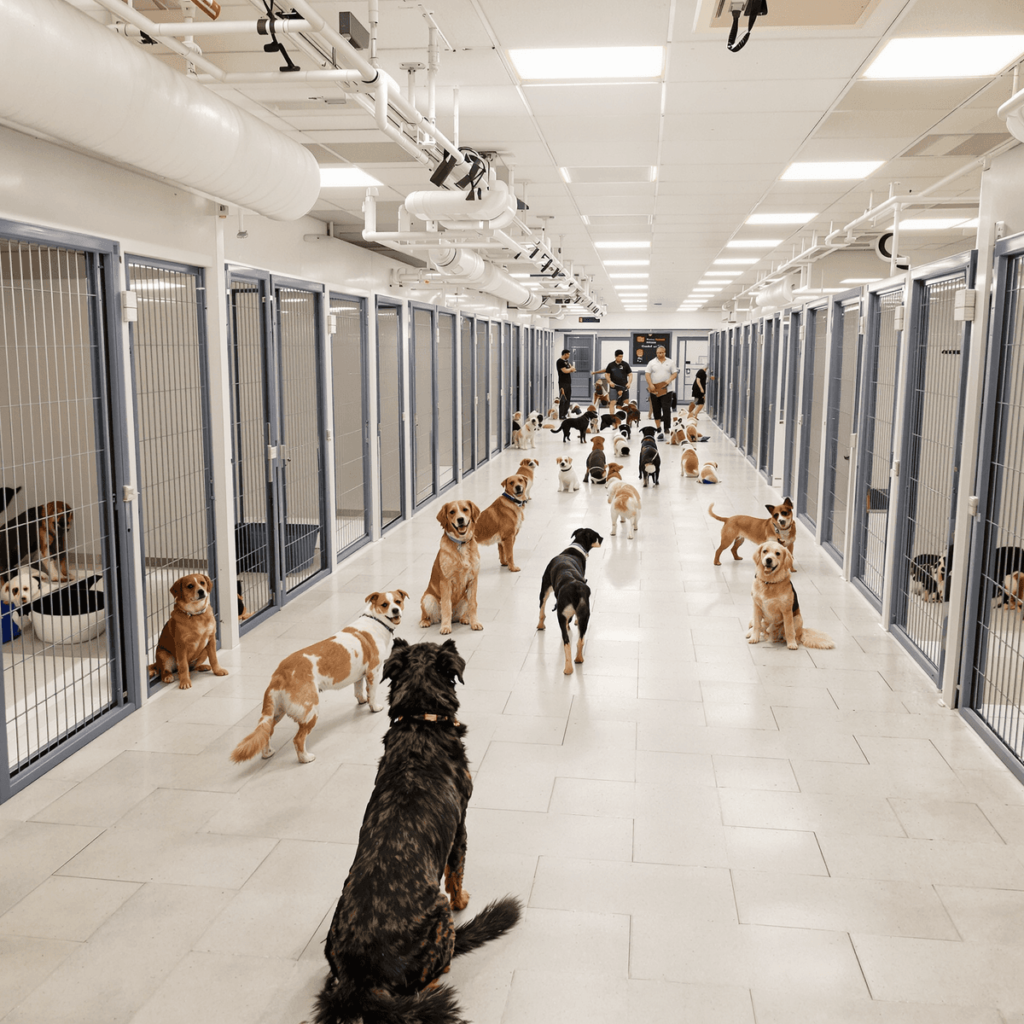 Bright dog boarding facility with cozy kennels and play areas, featuring happy dogs playing and interacting in a clean, safe environment.