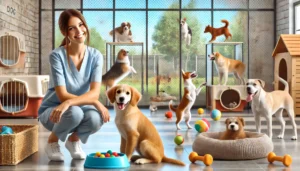 A friendly, inviting image representing a dog boarding facility. Several happy dogs of different breeds are seen playing in a clean, safe, and spacious environment with toys, cozy beds, and outdoor play areas visible through windows. A caring staff member is interacting with the dogs, offering comfort and attention.