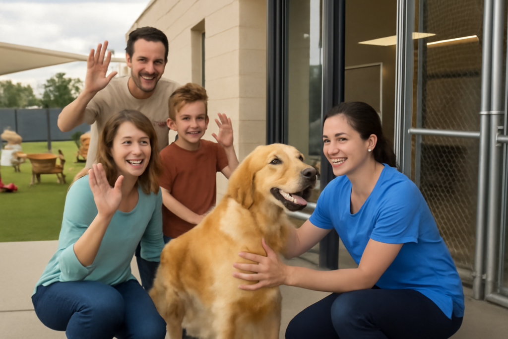 image showing why dog owners use boarding services. A smiling family waves goodbye to their happy dog as a caring staff member welcomes the dog into a modern, safe boarding facility.