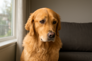this image shows a golden retriever dog sitting sadly because of separation anxiety